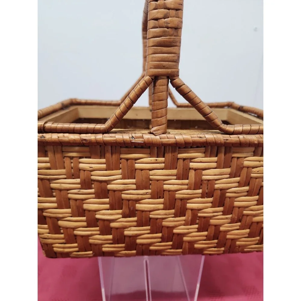 MCM Yugoslavian Herringbone Rattan Woven Basket W Handle Geometric 9